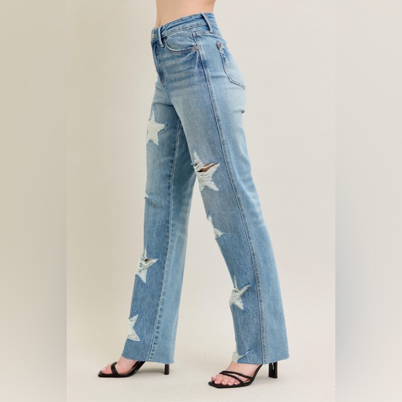 NWT Judy Blue High Waist Rigid Magic Star Destroyed 90s Straight Leg Jeans - Picture 5 of 16